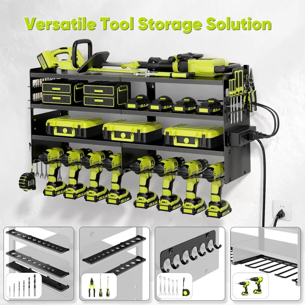 Upgraded version Large Power Tool Organizer Wall Mount with Charging Station,4 Layer Heavy Duty Metal Tool Storage Rack