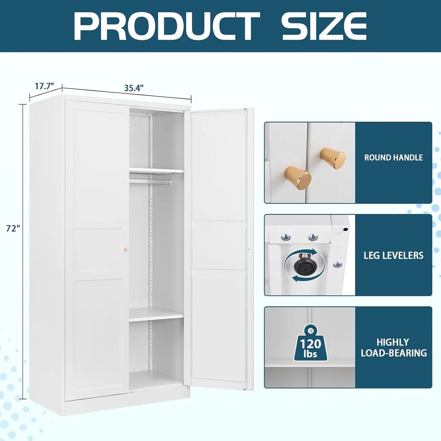 Wardrobe Closet with 2 Doors, 72" Metal Clothing Storage Cabinets with Hanging Rod, Bedroom Armoires Laundry Room, Customized