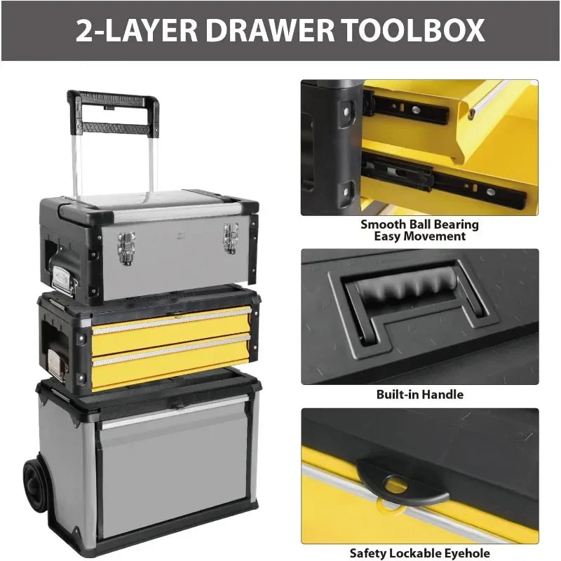 Tool Stackable Portable Metal Tool box Organizer with Wheels and 2 Drawers, Rolling Upright Trolley Guaranteed Authentic.