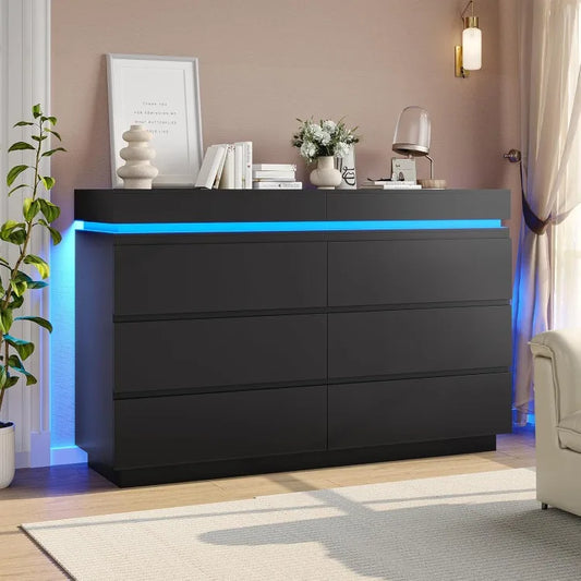 Modern 6 Drawer Dresser with Sliding Desktop, Wide Chest of Drawers with Charging Station & LED Lights, Large Storage Tow