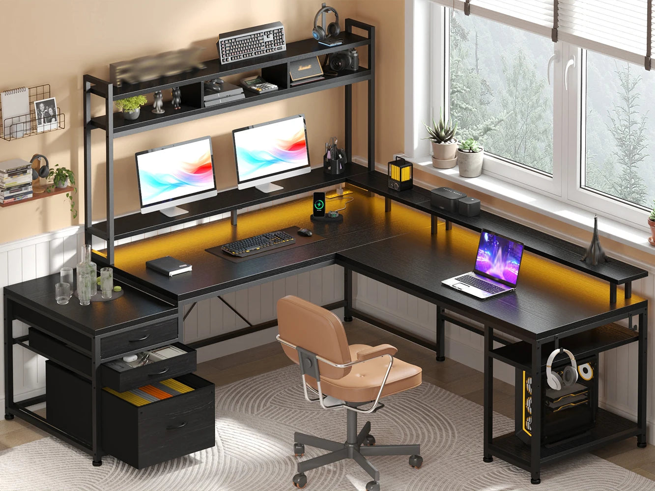 EnHomee  L Shaped Computer Desk with Power Outlet & Monitor Stand & LED Gaming Desk with Hutch Drawers for Living, Gaming Room