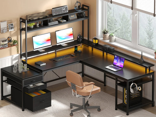 EnHomee  L Shaped Computer Desk with Power Outlet & Monitor Stand & LED Gaming Desk with Hutch Drawers for Living, Gaming Room