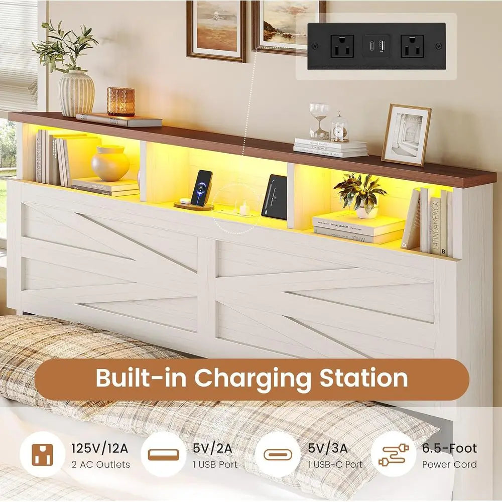 Queen Bed with 6 Drawers, Armhouse Bed with Barn Door and Storage, Wood Platform Bed Queen Size with Charging Station and LED Li