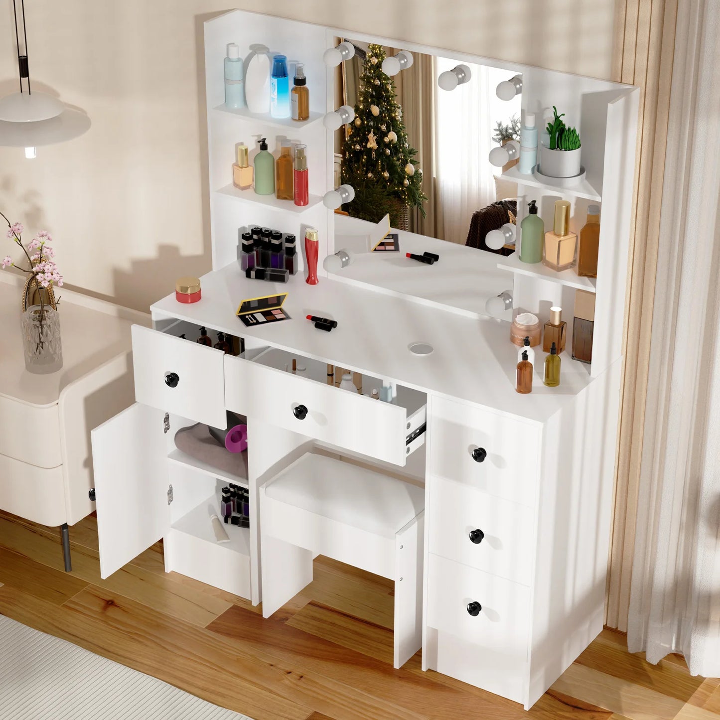 Teousev White Modern Vanity Set with 10 LED Lighted Mirror 5 Drawers & Stool 3 Color Dimmable Easy Assembly Bedroom Dressers