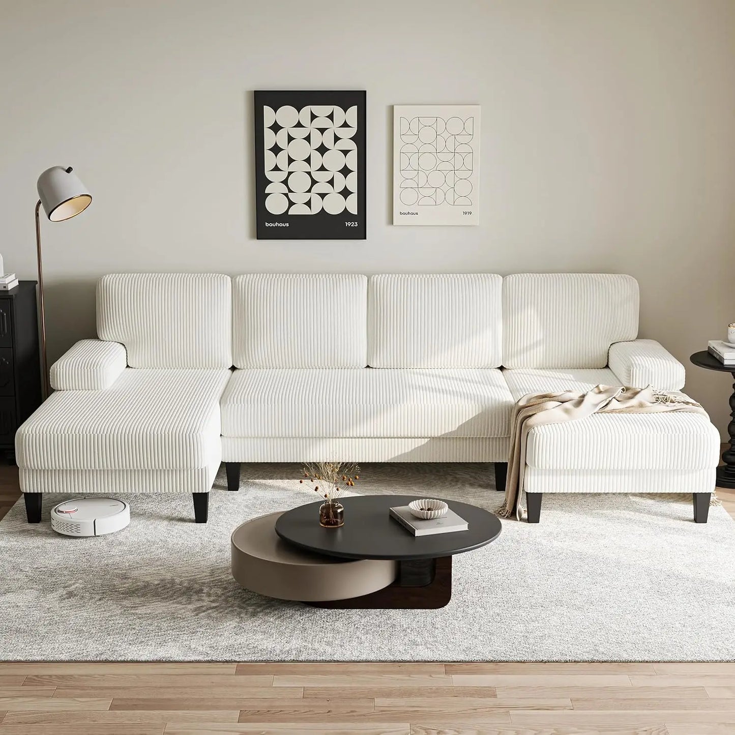 112'' Corduroy U Shaped Couch with Sleeper Lounge Chaise, 4 Seat Modern Comfy Sectional Sofa Couches for Living Room