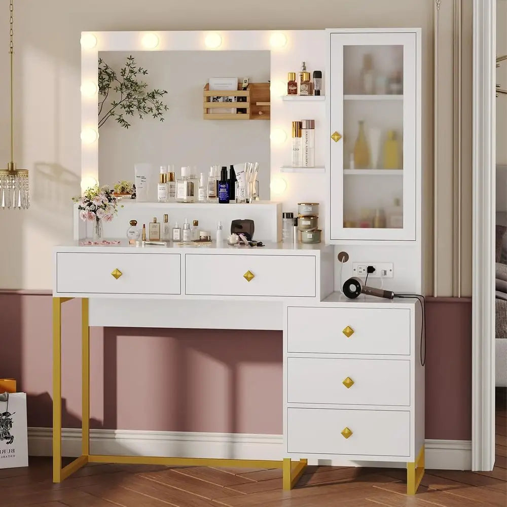 Large White & Gold Makeup Vanity Desk with Illuminated Mirror, 5 Drawers & Charging Station