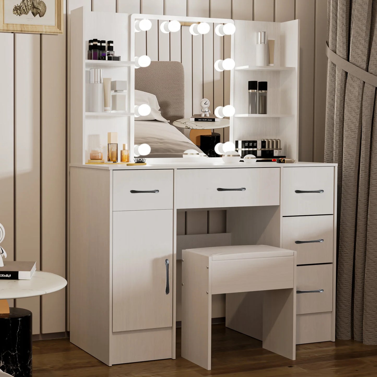 Teousev White Modern Vanity Set with 10 LED Lighted Mirror 5 Drawers & Stool 3 Color Dimmable Easy Assembly Bedroom Dressers