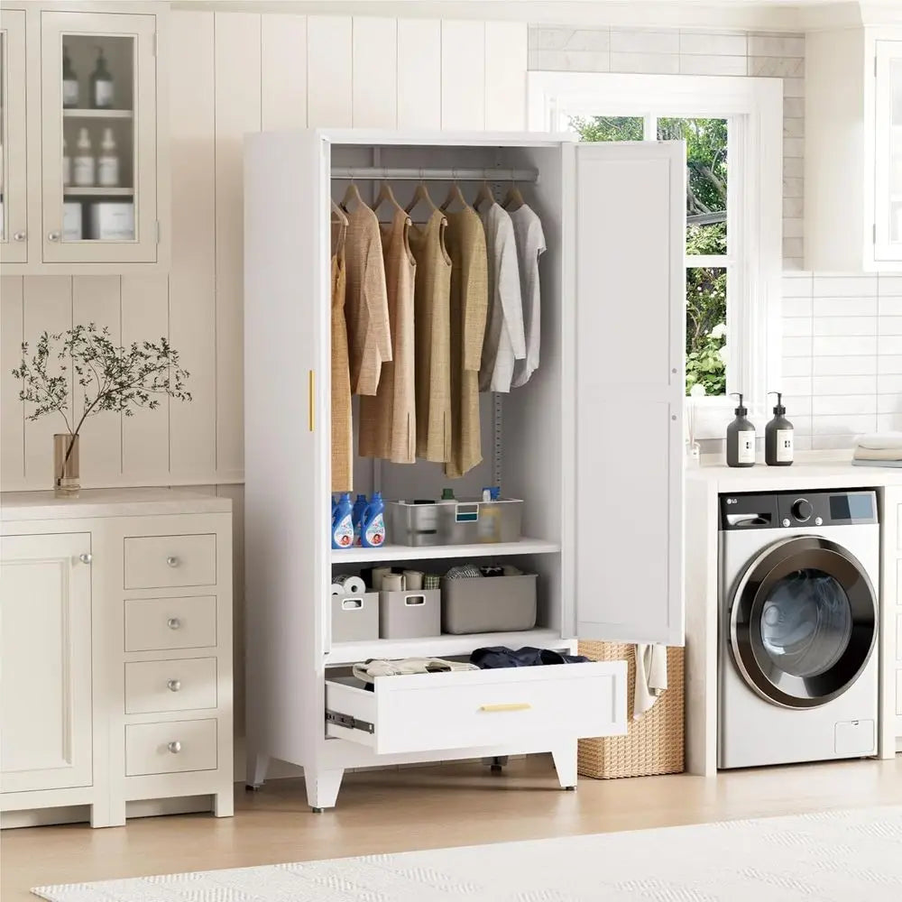 Metal Wardrobe Closet or Bedroom, 71" reestanding Armoire Wardrobe with Der and Shel, Hanging Rod Clothing Storage Cabinet with
