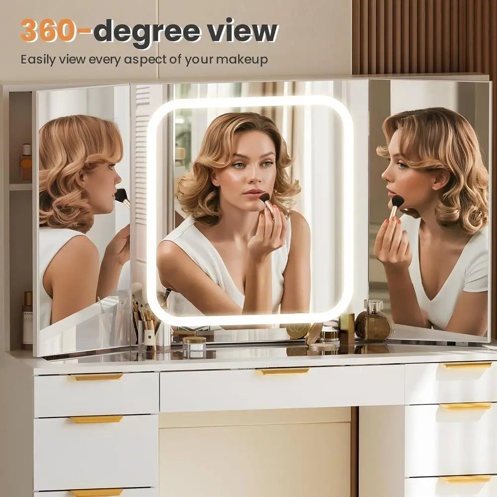 LED Lighted Makeup Vanity Desk with Glass Top, Adjustable Mirror, Chair, and Power Outlet