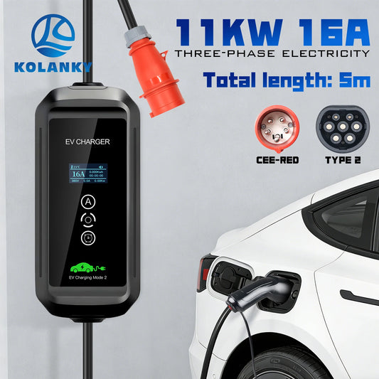 Portable 11KW 16A EV Portable Charger Type2 IEC62196-2 EVSE Charging Box Electric Vehicle PHEV Cars Charger CEE Plug 5M Cable