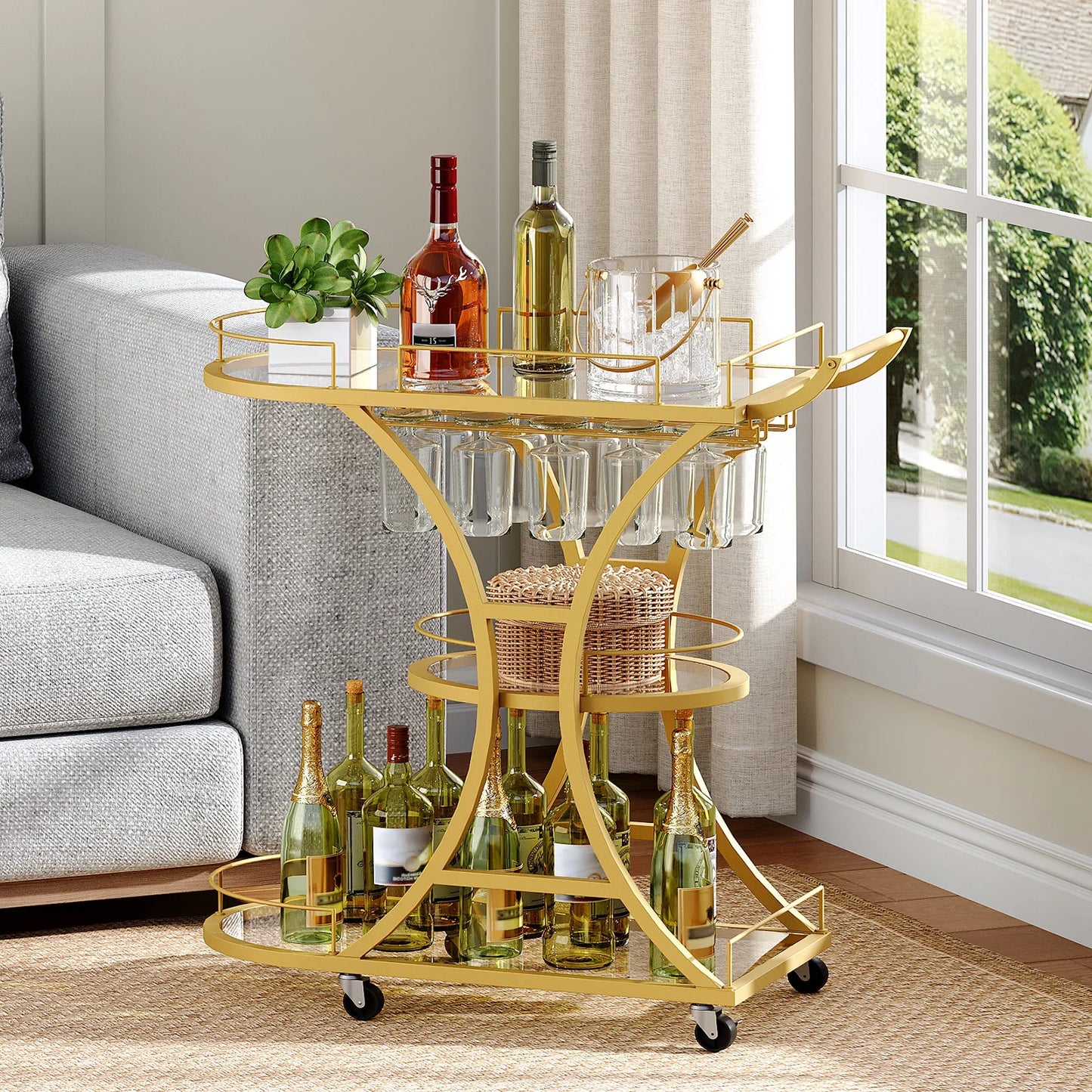Gold Bar Cart with Wheels, 3-Tier Glass Shelves Serving Cart, Metal Rolling Kitchen Cart with Stemware Rack, Locking Casters, for Dining Room, Living Room, Gold