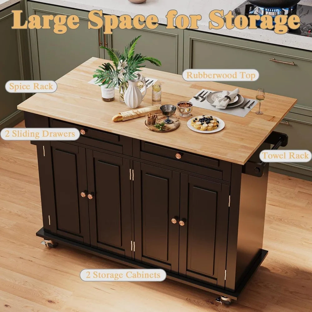 59" Rolling Kitchen Island with Drop Leaf - Mobile Cart with Storage Drawers & Towel Rack, Multi-Functional for Kitchen & Dining