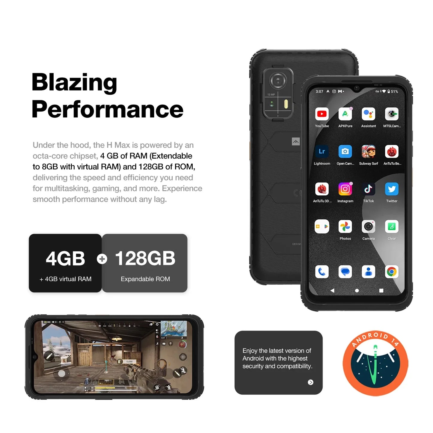 AGM H MAX Rugged Smartphone 10000mAh Battery 4+128GB HD+ Display 3 Card Slot NFC OTG Reverse Charge Waterproof