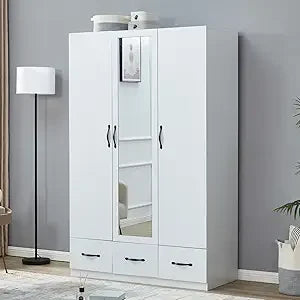 Wooden Armoire Wardrobe Closet：Modern Armoire Wardrobe Closet with 4 Doors, 2 Drawers and Hanging Rods for Tall Cabinet, Large C