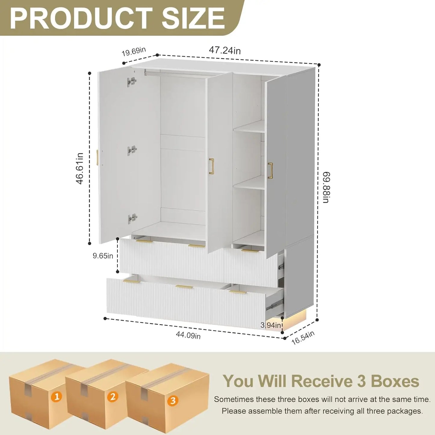 Armoire Wardrobe Closet with 3 Door, Bedroom Armoires with Mirror and LED Lights, Hanging Rod, Drawers, Large Capacity Storage W
