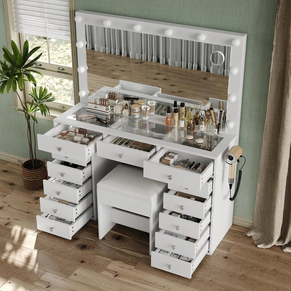 47" Makeup Vanity with Charging Station, 13 Drawers Vanity Desk with 12 LED Bulbs and HD Mirror, 3 Color Brightness .Customized