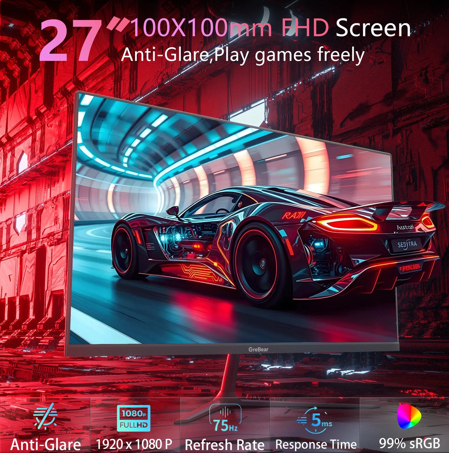 GreBear 27-inch Computer Monitor IPS Panel PC Monitors FHD 1080p 75Hz LED Display Home Office Desktop Screen, HDMI, VGA, Flicker