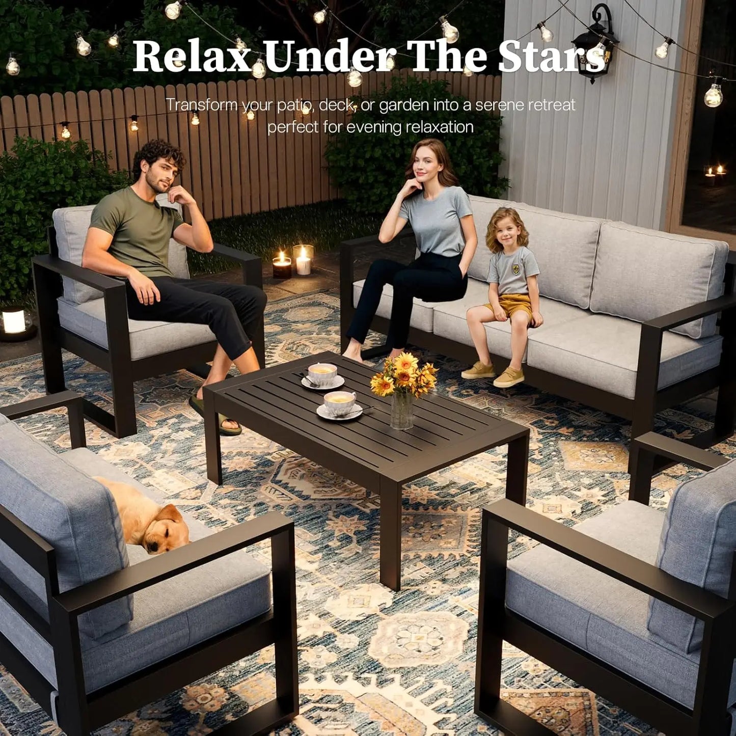5 Piece Modern Aluminum Patio Furniture Set, Outdoor Patio Sectional Conversation Metal Seating Sets with Olefin, Custom