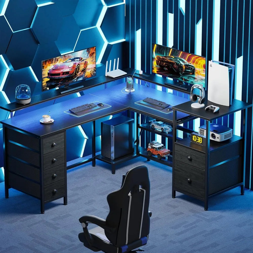 66" L Shaped Gaming Desk with 6 Drawers & Printer Storage Shelves, Reversible Computer Corner Desk with Power Outlets&LED Light