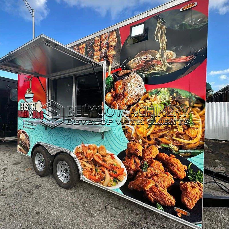 Belyoo Food Truck Trailer Fully Equipped BBQ Food Trailer with Porch Mobile Fast Food Truck Hot Dog Food Cart with Full Kitchen