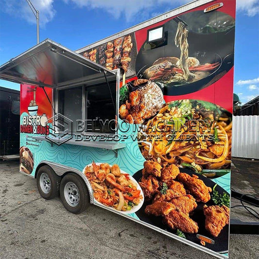 Belyoo Food Truck Trailer Fully Equipped BBQ Food Trailer with Porch Mobile Fast Food Truck Hot Dog Food Cart with Full Kitchen