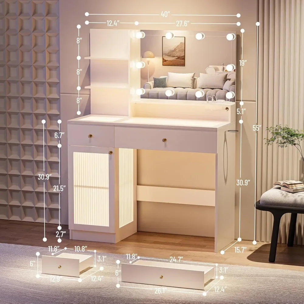 Modern Glass Top Vanity Desk with Large Mirror And Lights - Includes Power Outlet Drawers Cabinet 3 Light 40 Inch Customized