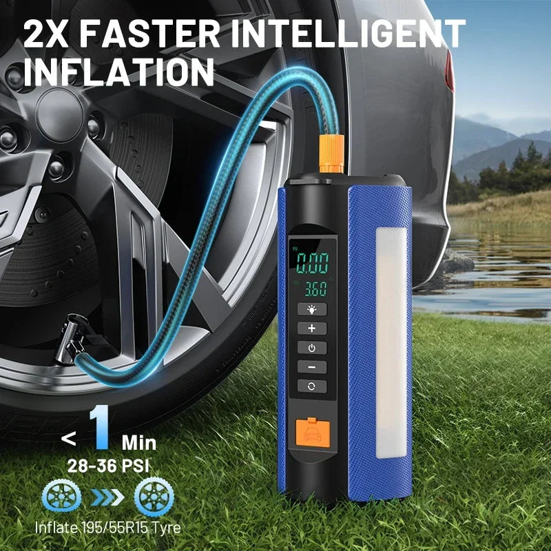 BUVAYE Jump Starter Air Compressor with Power Bank 1500A Peak Battery Booster 150PSI Electric Pump 12V Car Starter with Lighting