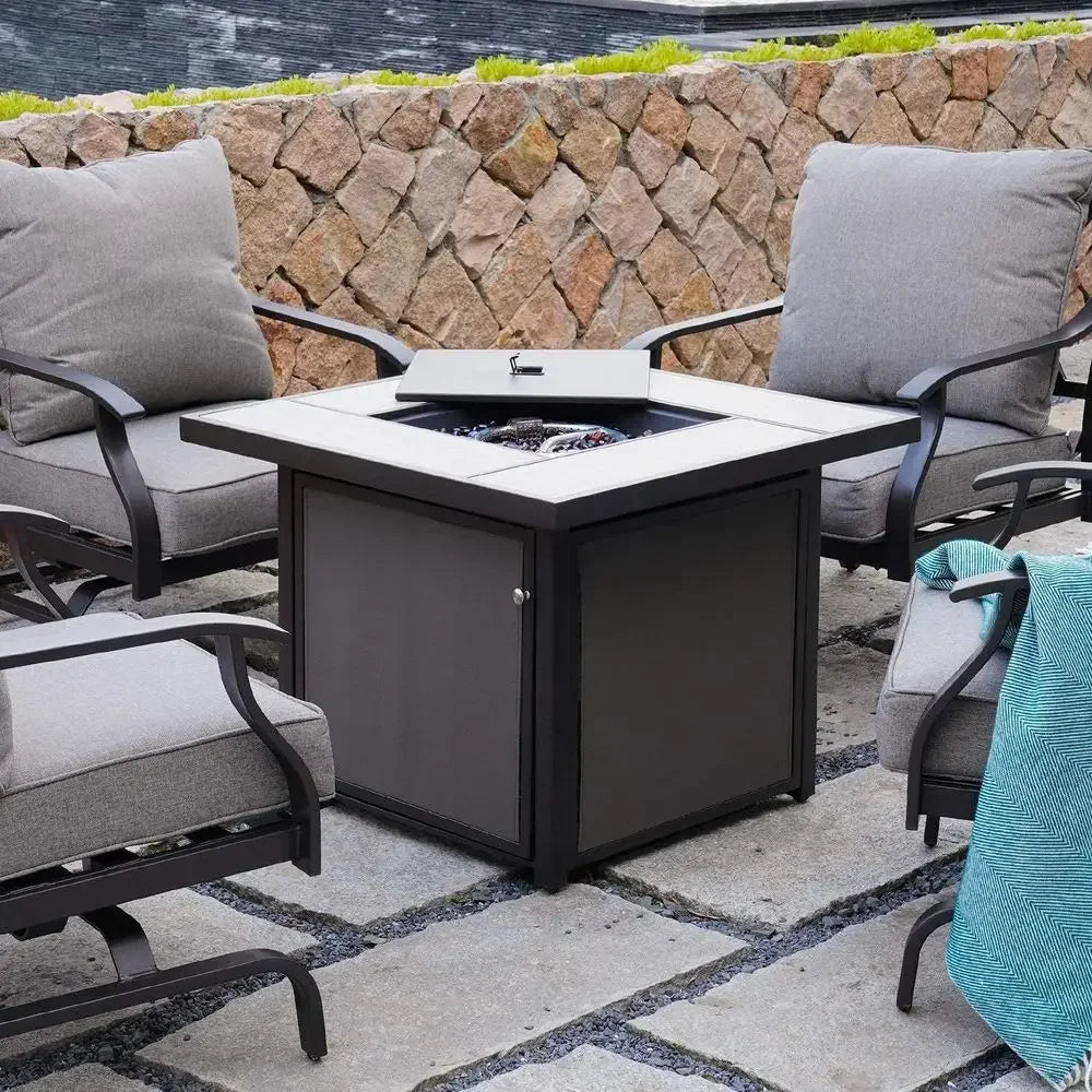 32 Inch Square Propane Gas Fire Pit Table with 50,000 BTU Heat Output and Cover for Patio Use