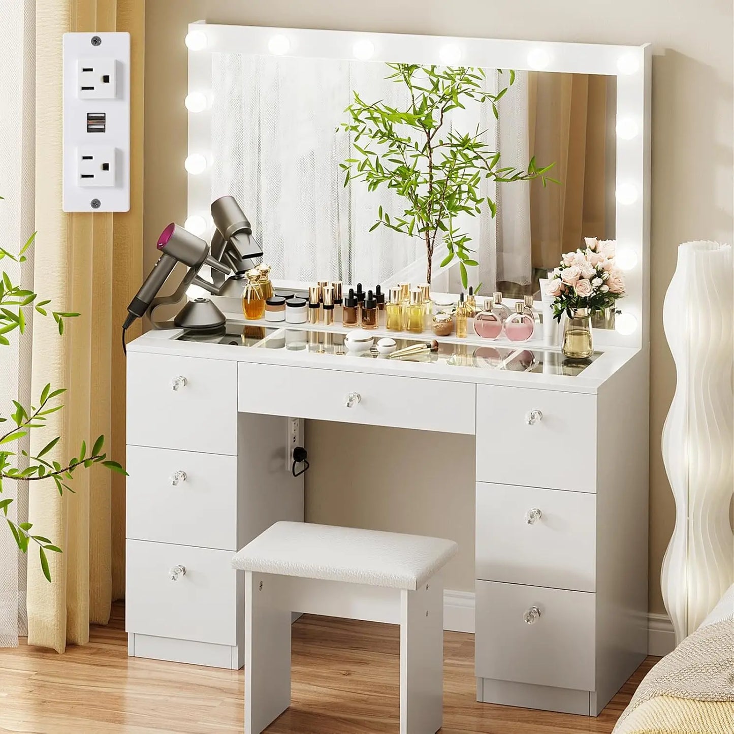 Vanity with Lighted Mirror - Makeup Vanity Desk with Glass Top, 7 Drawers and Power Outlet, 3 Color Lighting Modes, Customized