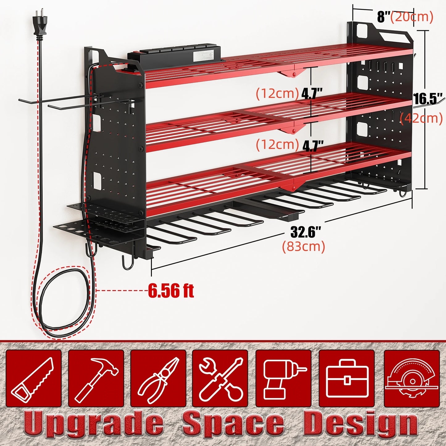 4 Layer Power Tool Organizer Wall Mount with Charging Station, Heavy Duty Tool Organization Rack, Screwdriver Storage, Tool Shel