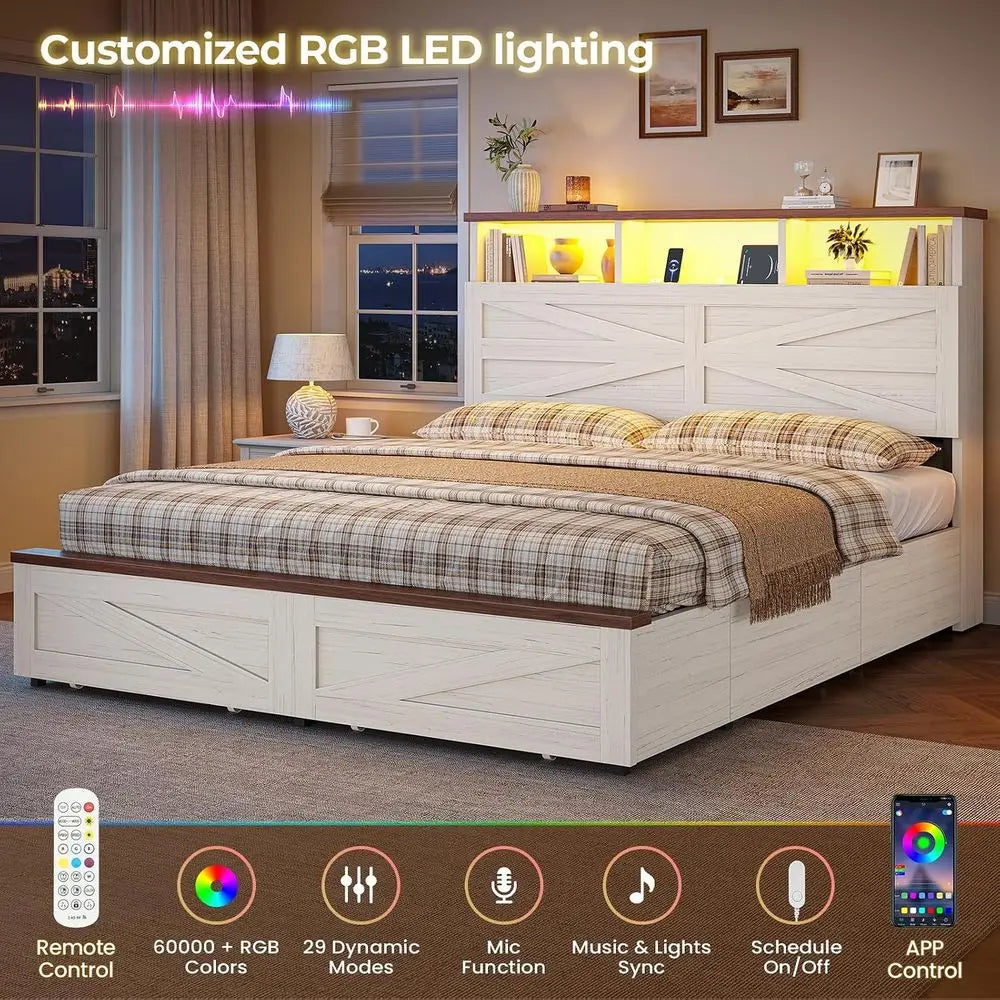 Queen Bed with 6 Drawers, Armhouse Bed with Barn Door and Storage, Wood Platform Bed Queen Size with Charging Station and LED Li