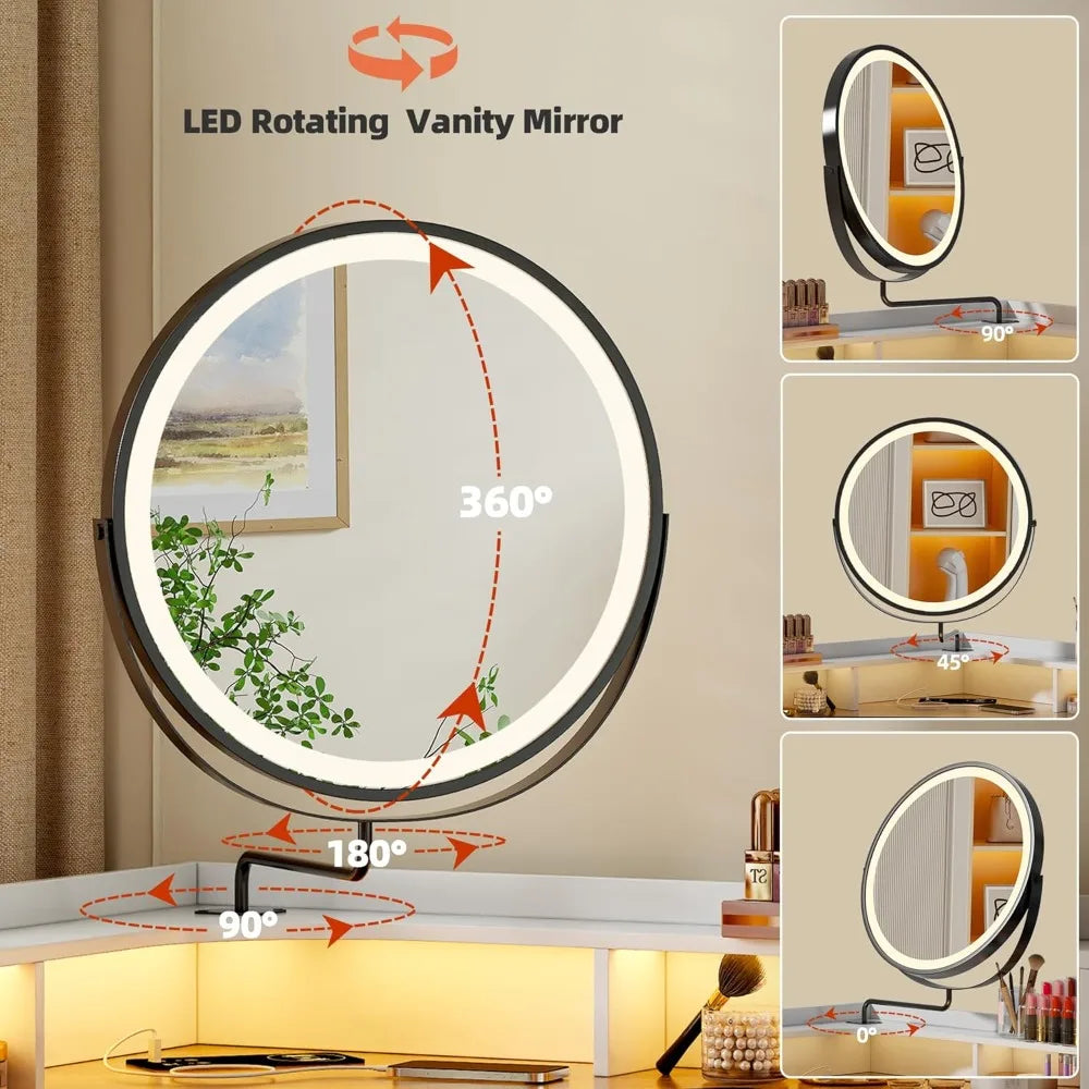 Corner Vanity Desk, Glass Top Makeup Vanity with Human Body Senor&Charging Station, LED Vanity Table Set