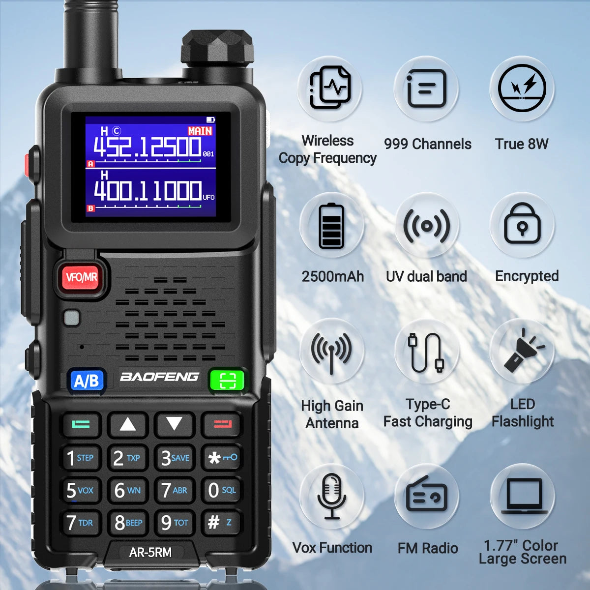 BAOFENG AR-5RM Multi Band Walkie Talkie 10W Wireless Copy Frequency Type-C Charger 999CH NOAA For UV-5R UV-5RH Ham Radio