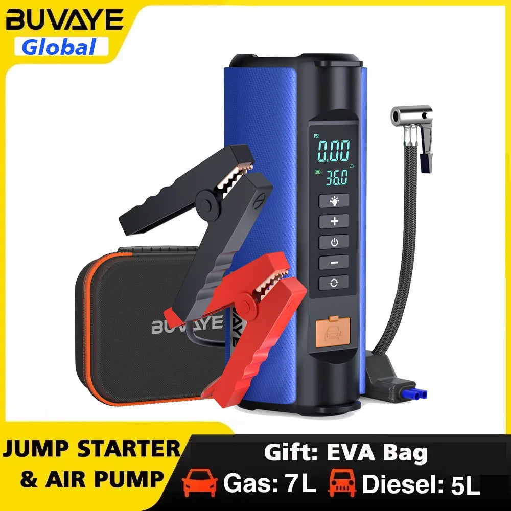 BUVAYE Car Jump Starter Air Pump Outdoor Portable Power Lamp Portable Air Compressor Multifunctional Tire Inflator with EVA Bag