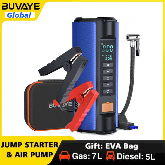 BUVAYE Car Jump Starter Air Pump Outdoor Portable Power Lamp Portable Air Compressor Multifunctional Tire Inflator with EVA Bag