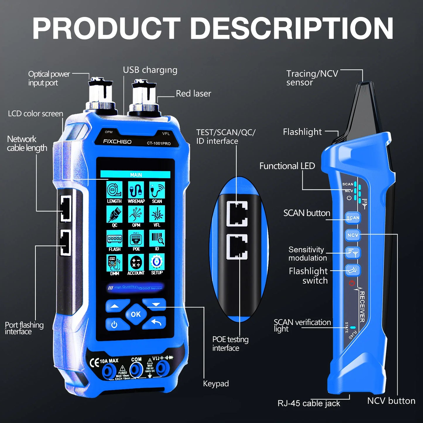 Network Cable Tester with Multimeter 4 in 1 Fiber Optical Power Meter Visual Fault Locator noise-free LAN Line Tracking