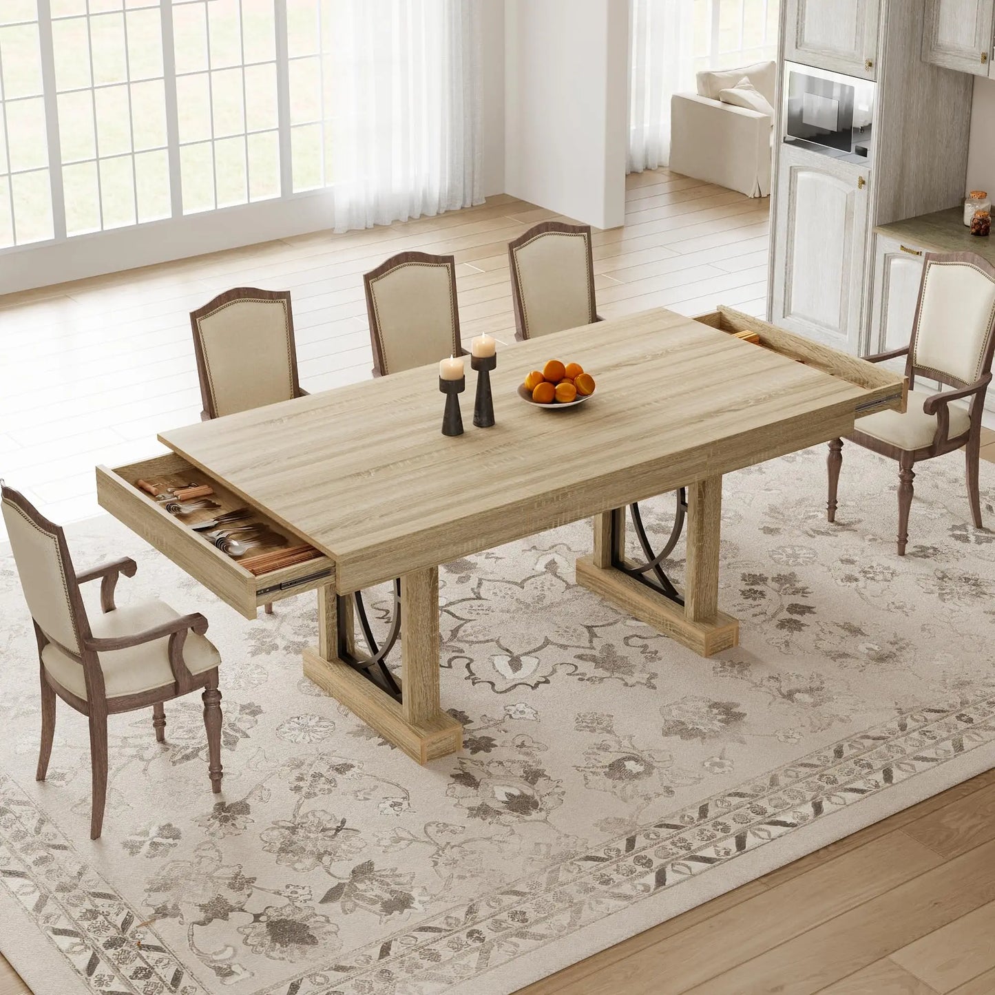 Large 71 Inch Dining Table With 2 Storage Drawers For 6-8, Rustic Wood Kitchen Table, Heavy Duty Base, Home Office Desk