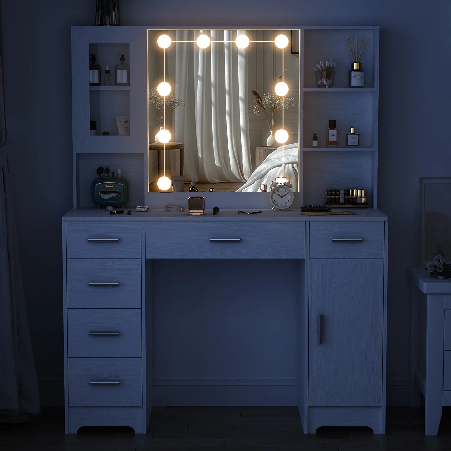 Teousev White Modern Vanity Set Openable 3-Colour Lighting Mirror 5 Drawers & Glass Cabinet Easy Assembly Bedroom Makeup Desk