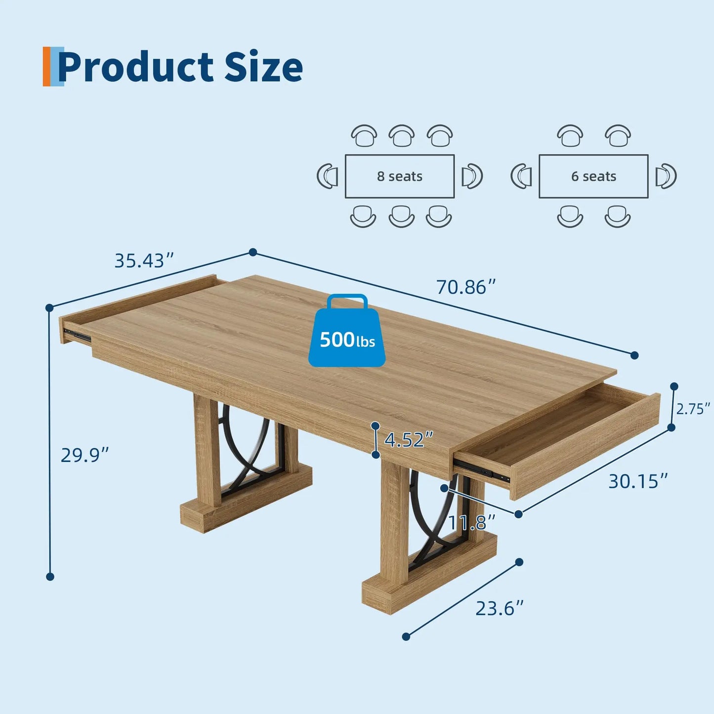 Large 71 Inch Dining Table With 2 Storage Drawers For 6-8, Rustic Wood Kitchen Table, Heavy Duty Base, Home Office Desk