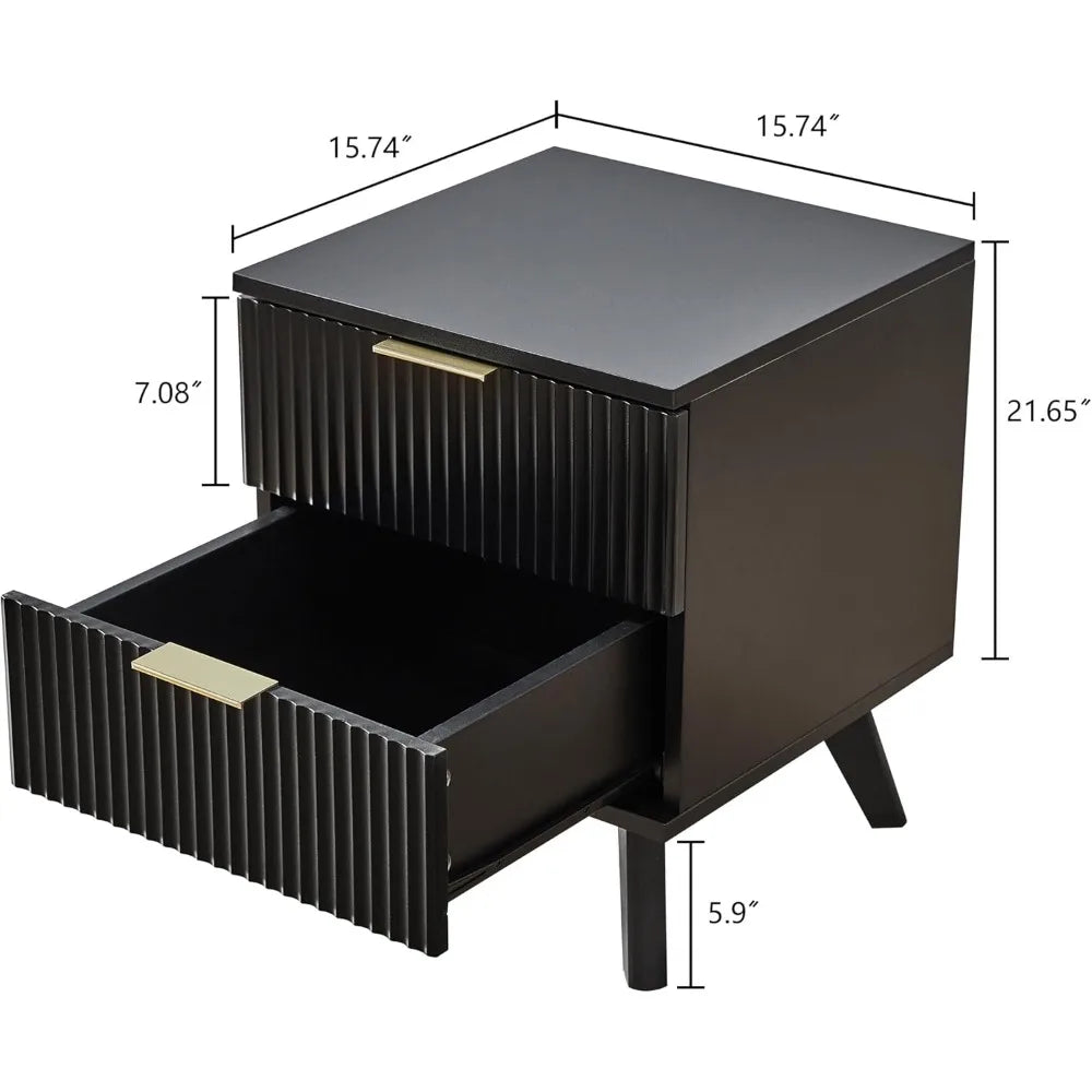 Fluted Nightstand, Mid Century Modern 2 Drawer Bedside Table for Bedroom, Small Dresser Night Stand Side Table End Tables with W