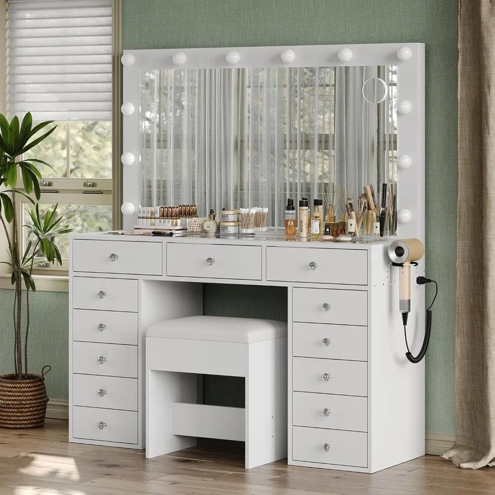 47" Makeup Vanity with Charging Station, 13 Drawers Vanity Desk with 12 LED Bulbs and HD Mirror, 3 Color Brightness .Customized