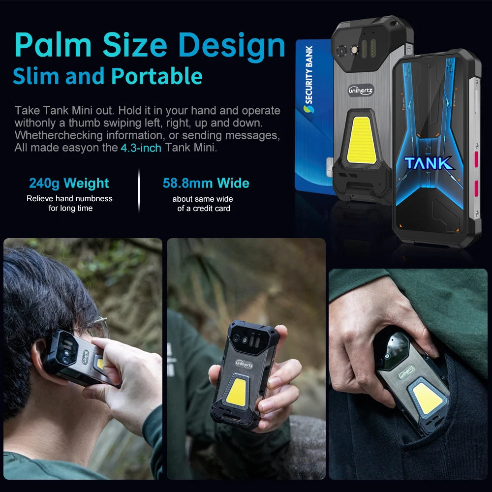 Unihertz 8849 Tank Mini Rugged Smartphone 4.3 Inch Display Android 13 Helio G99 Octa Core 5800mAh 100MP Cameras 16GB 256GB IP68
