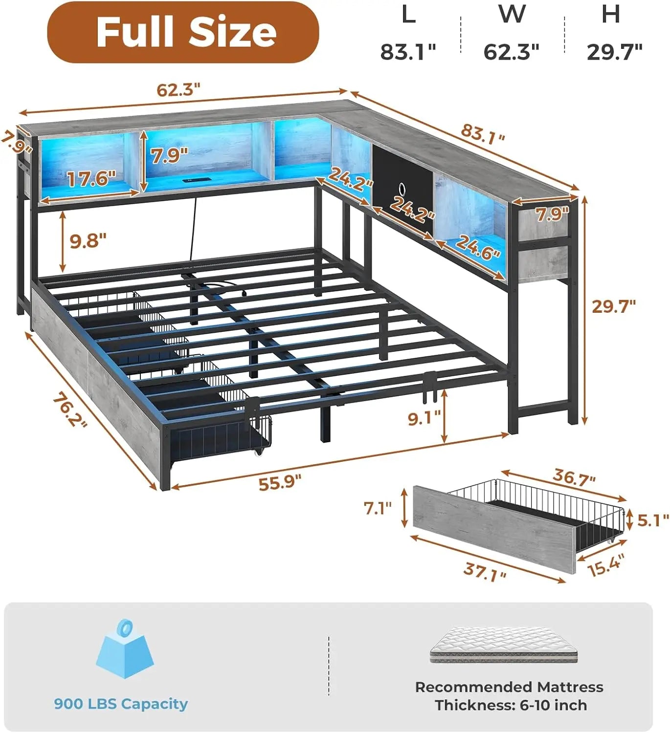 Corner Full Bed Frame with Bookcase Storage and Led Lights Full Size Metal Platform Bed Frame with Storage Drawers & Charging