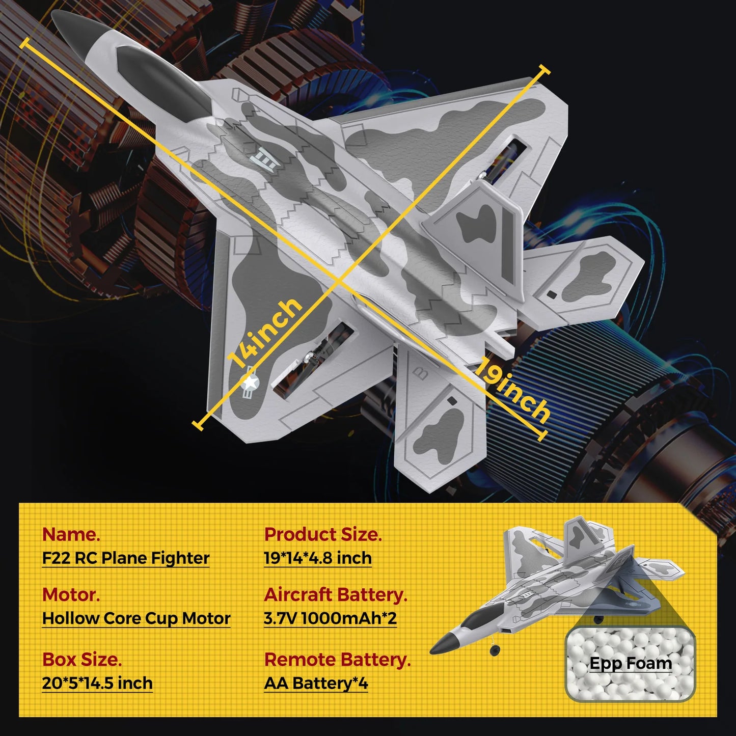 F22 RC Airplane - 4 Channel Fighter Remote Contro Airplane for Adults Beginners with Lights, RTF RC Aircraft with 2 Batteries
