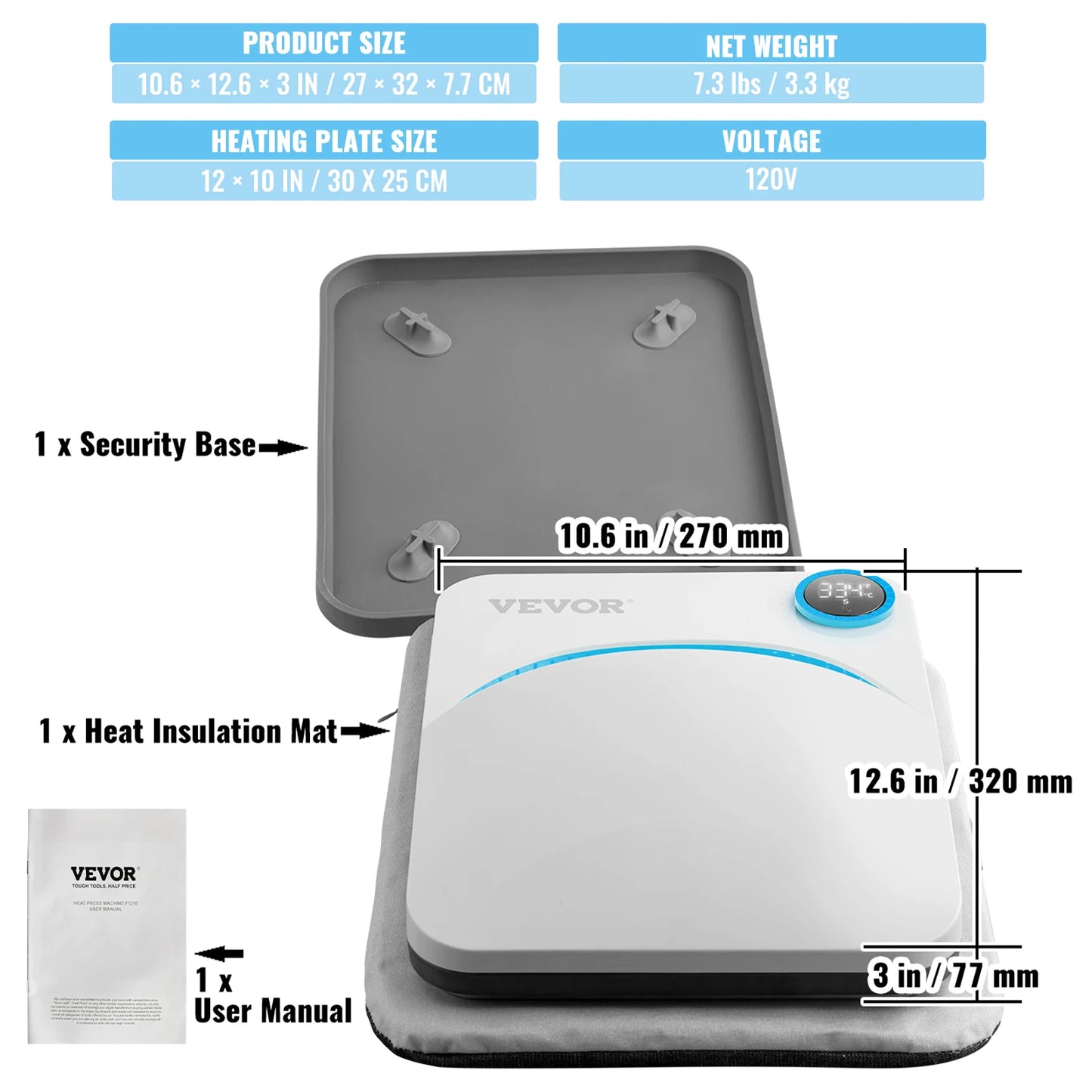 SucceBuy 9x9/12x10 in Portable Heat Press Machine DIY Shirt Printing Multifunctional Sublimation Transfer HTV Vinyl T-shirt Bag