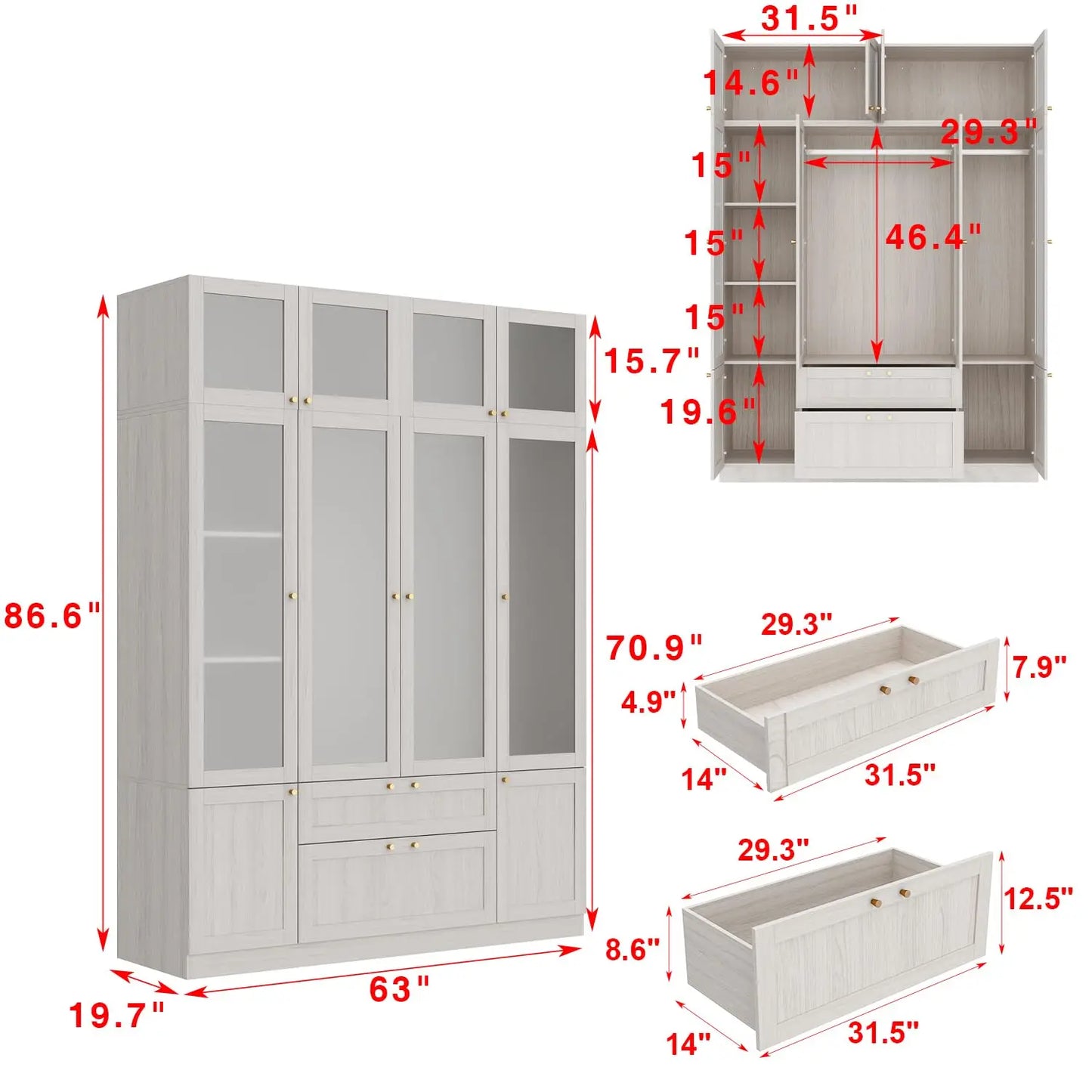 Wide Modern Bedroom Armoires with Frosted Glass Doors and Hanging Rod, Tall Wardrobe with Drawers, Large Armoire, Custom
