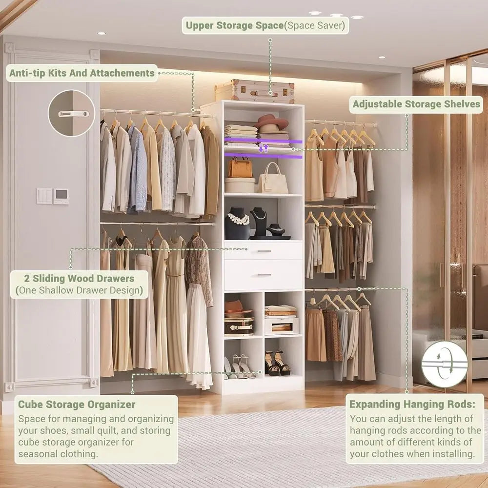 Besiost Closet System, 4-8 T Closet Organizer Tower with 2 Wooden Ders and 5 Hanging Rods, Can it 60 to 96 inch Walk-in Closet S