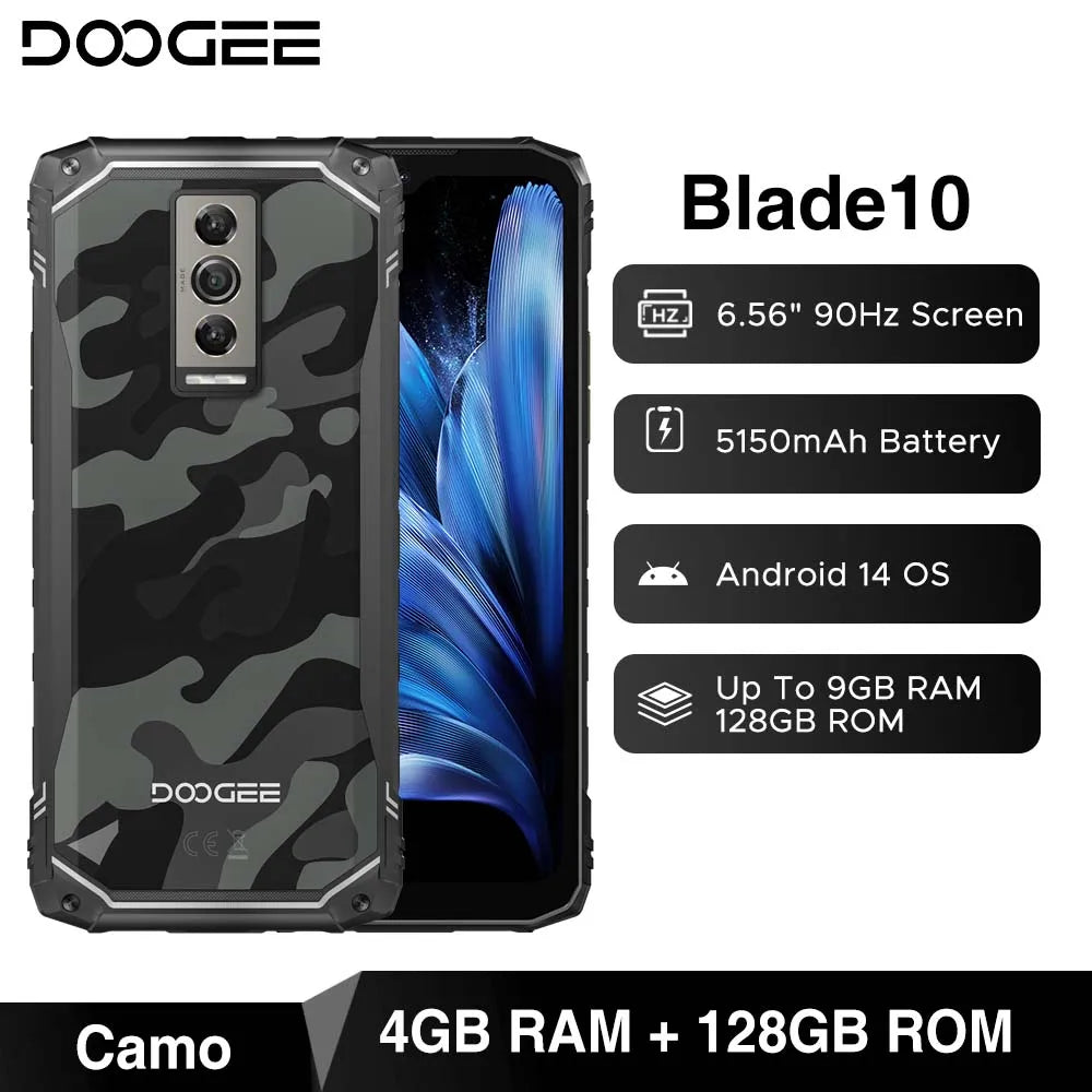 DOOGEE Blade10 Rugged Phone 6.56 Inch 90Hz IPS Display 9GB(4+5) 128GB Octa Core 16MP Main Camera 5150mAh Android 14 Face Unlock