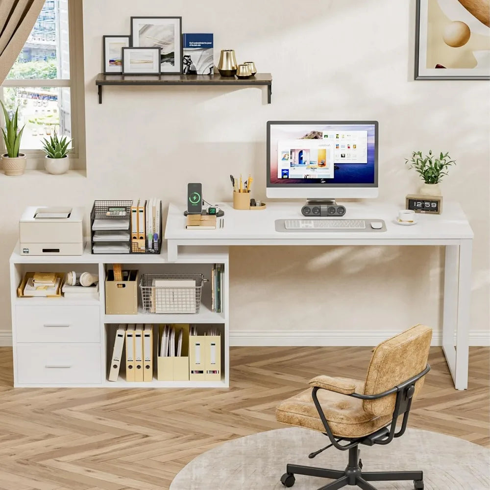 Shaped Desk with Drawers&Shelves, 55'' Corner Computer Desk with Power Outlets, Reversible PC Table with Storage File Cabinet