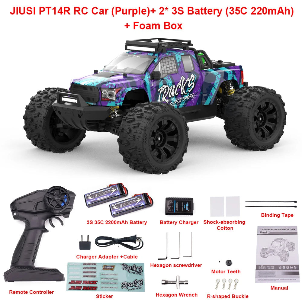 JIUSI PT14R MT14R 1/14 RC Car 4WD 80km/h Brushless 2.4G Remote Control Racing Car 3S 35C 2200mAh High Speed Off-road RC Truck